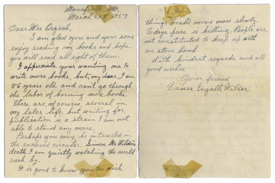 Laura Ingalls Wilder Autograph Letter Signed From 1953 -- ''...Today's pace is killing. People are not constituted to keep up with an atom bomb...''